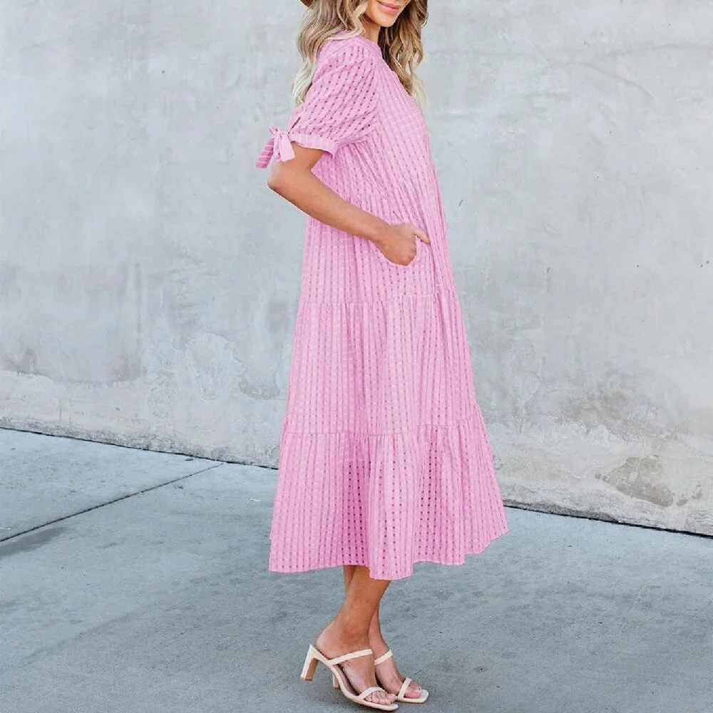 Pink Elegant Women's Casual V Neck Plaid Midi Maternity Dress - Picture 4 of 5